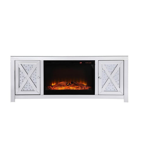 Elegant Lighting 59 in. crystal mirrored TV stand with wood log insert fireplace