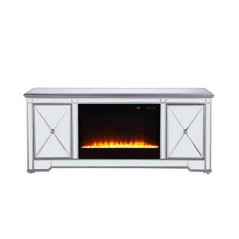 Elegant Lighting 60 in. mirrored TV stand with crystal fireplace insert in antique silver