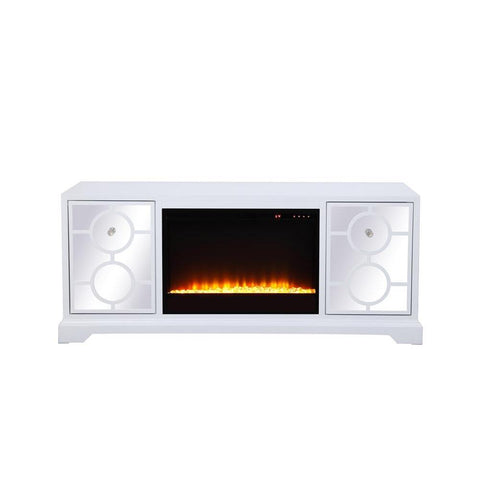 Elegant Lighting 60 in. mirrored TV stand with crystal fireplace insert in white