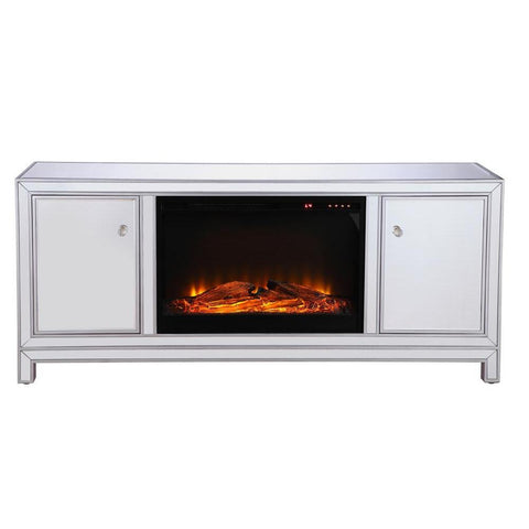 Elegant Lighting 60 in. mirrored TV stand with wood fireplace insert in antique silver