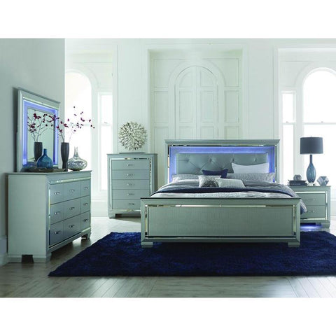 Homelegance Allura 4 Piece Panel Bedroom Set w/ LED Lighting in Silver