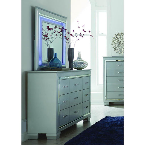 Homelegance Allura 9 Drawer Dresser & Mirror w/ LED Lighting in Silver