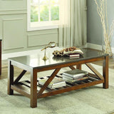 Homelegance Ashby 3 Piece Coffee Table Set w/Bluestone Marble Top in Oak