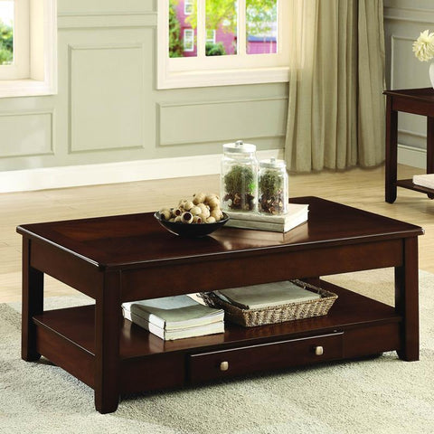 Homelegance Ballwin Cocktail Table w/Lift Top & Functional Drawer on Casters in Cherry