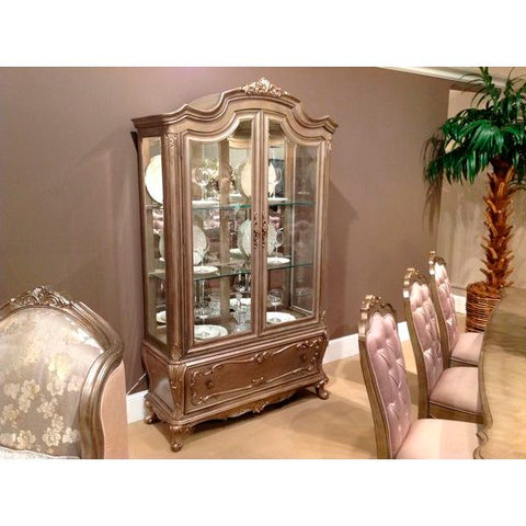 Homelegance Florentina China & Buffet In Taupe Color Faux Silk Rich Silver - With Gold Undertone