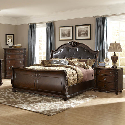 Homelegance Hillcrest Manor 3 Piece Leather Sleigh Bedroom Set in Rich Cherry