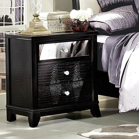 Homelegance Jacqueline Mirrored Drawer Front Nightstand in Black Faux Alligator