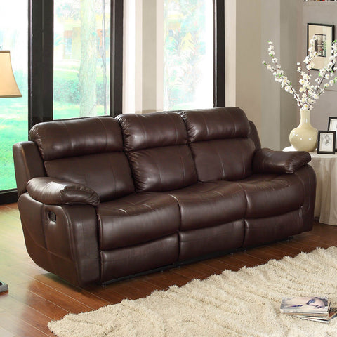 Homelegance Marille Double Reclining Sofa w/ Center Drop-Down Cup Holders in Brown Leather