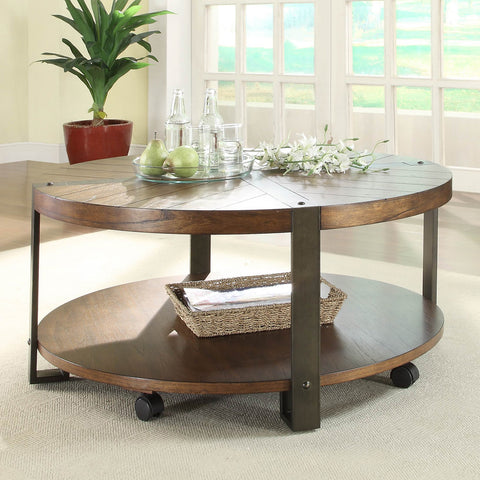 Homelegance Northwood Round Cocktail Table w/ Casters in Natural Brown