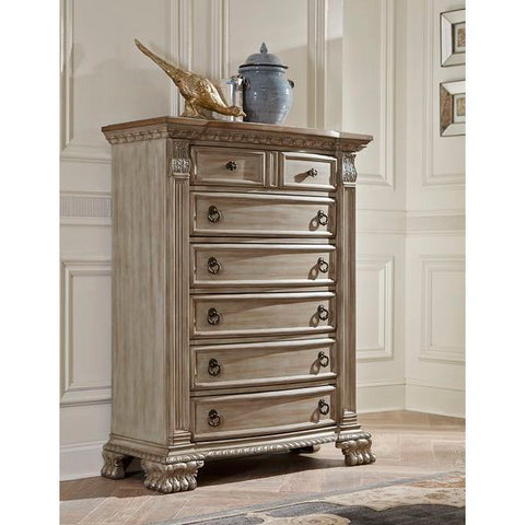 Homelegance Orleans II Chest With Rubber Wood Top In Antique White Washed + Driftwood Top
