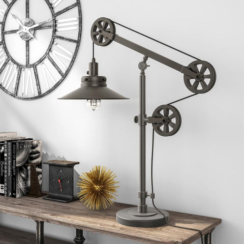 Hudson & Canal Descartes Aged Steel Wide Brim Table Lamp with Pulley System