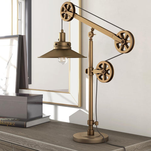 Hudson & Canal Descartes Brushed Brass Wide Brim Table Lamp with Pulley System