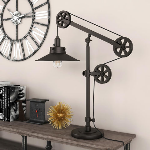 Hudson & Canal Descartes Wide Brim Table Lamp in Blackened Bronze with Pulley System