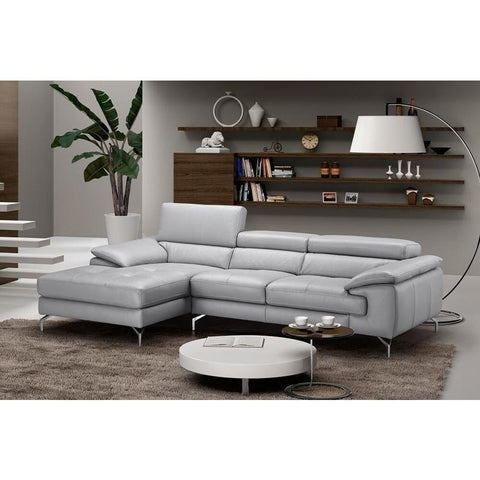 J&M Furniture Liam Premium Leather Sectional Left Hand Facing Chaise in Light Grey