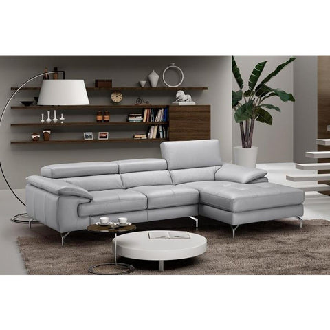 J&M Furniture Liam Premium Leather Sectional Right Hand Facing Chaise in Light Grey