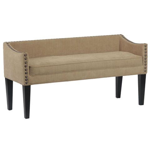 Leffler Whitney Long Upholstered Bench with Arms and Nailhead Trim in Brooke Pecan