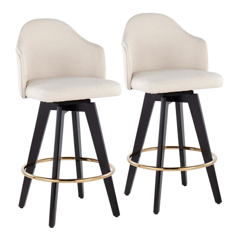 Lumisource Ahoy Contemporary 26" Fixed-Height Counter Stool with Black Wood Legs and Round Gold Metal Footrest with Cream Fabric Seat - Set of 2