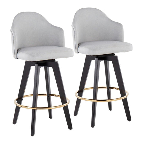 Lumisource Ahoy Contemporary 26" Fixed-Height Counter Stool with Black Wood Legs and Round Gold Metal Footrest with Light Grey Fabric Seat - Set of 2