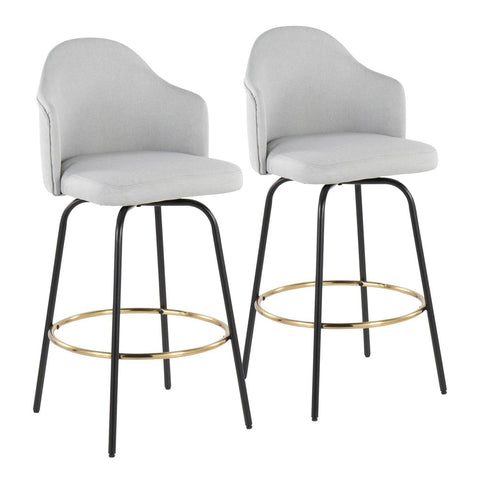 Lumisource Ahoy Contemporary Fixed-Height Bar Stool with Black Metal Legs and Round Gold Metal Footrest with Light Grey Fabric Seat - Set of 2