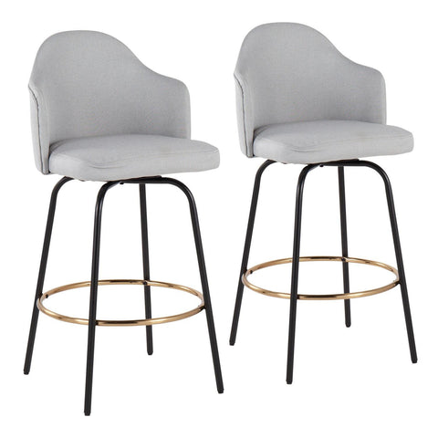 Lumisource Ahoy Contemporary Fixed-Height Counter Stool with Black Metal Legs and Round Gold Metal Footrest with Light Grey Fabric Seat - Set of 2