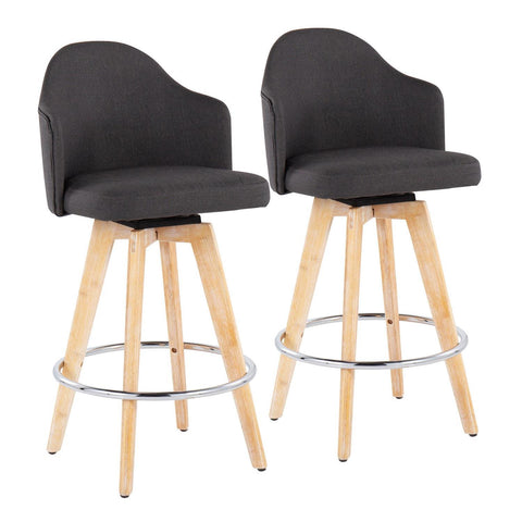 Lumisource Ahoy Contemporary Fixed-Height Counter Stool with Natural Bamboo Legs and Round Chrome Metal Footrest with Charcoal Fabric Seat - Set of 2