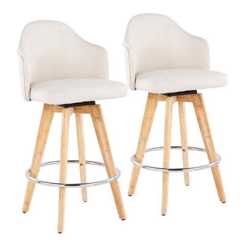 Lumisource Ahoy Contemporary Fixed-Height Counter Stool with Natural Bamboo Legs and Round Chrome Metal Footrest with Cream Fabric Seat - Set of 2