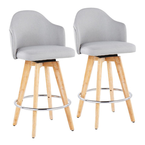 Lumisource Ahoy Contemporary Fixed-Height Counter Stool with Natural Bamboo Legs and Round Chrome Metal Footrest with Light Grey Fabric Seat - Set of 2