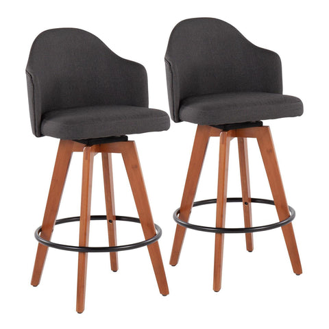 Lumisource Ahoy Contemporary Fixed-Height Counter Stool with Walnut Bamboo Legs and Round Black Metal Footrest with Charcoal Fabric Seat - Set of 2