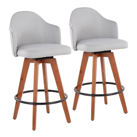 Lumisource Ahoy Contemporary Fixed-Height Counter Stool with Walnut Bamboo Legs and Round Black Metal Footrest with Light Grey Fabric Seat - Set of 2