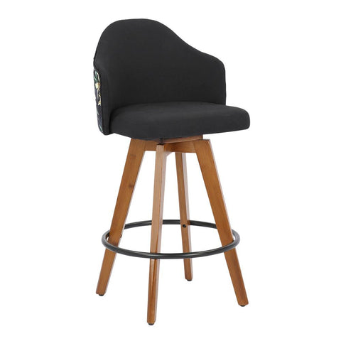 Lumisource Ahoy Mid-Century Counter Stool in Walnut and Black Fabric with Floral Design