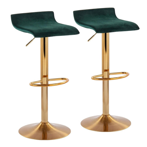 Lumisource Ale Contemporary Adjustable Barstool in Gold Steel and Green Velvet - Set of 2