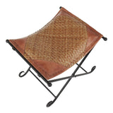 Lumisource Ali Industrial Leather Stool in Black Metal and Natural Rattan With Brown Leather Accent