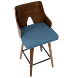 Lumisource Ariana 26" Mid-Century Modern Counter Stool in Walnut and Blue Fabric - Set of 2