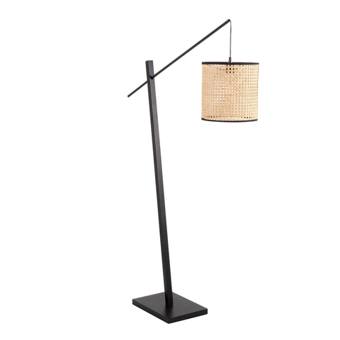 Lumisource Arturo Contemporary Floor Lamp in Black Wood and Black Steel with Rattan Shade