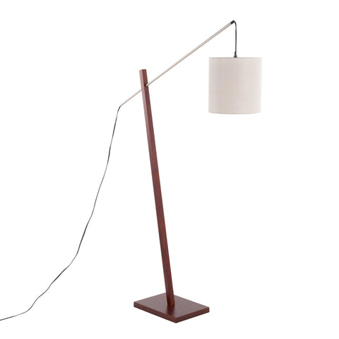 Lumisource Arturo Contemporary Floor Lamp in Walnut Wood and Satin Nickel with Grey Fabric Shade