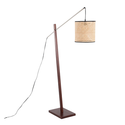 Lumisource Arturo Contemporary Floor Lamp in Walnut Wood and Satin Nickel with Rattan Shade