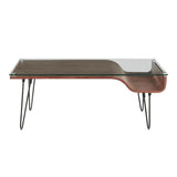 Lumisource Avery Mid-Century Modern Coffee Table in Walnut Wood, Clear Glass, and Black Metal