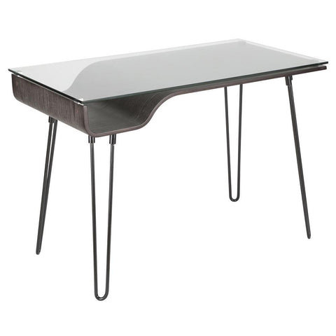 Lumisource Avery Mid-Century Modern Desk in Dark Grey Wood, Clear Glass, and Black Metal