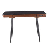 Lumisource Boom Mid-Century Modern Desk in Black Metal with a Walnut Wood Top and Black Tempered Glass