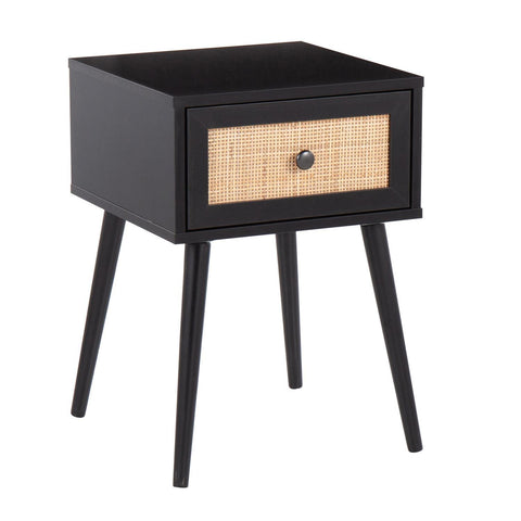 Lumisource Bora Bora Contemporary Side Table in Black Wood with Rattan Accents