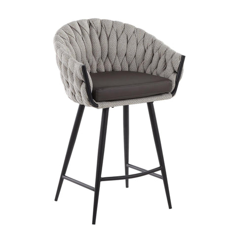 Lumisource Braided Matisse Contemporary Counter Stool in Black Metal with Grey Faux Leather and Cream Fabric