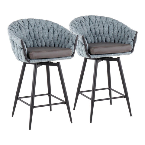 Lumisource Braided Matisse Contemporary Counter Stool in Black Steel with Blue Fabric and Grey Faux Leather - Set of 2