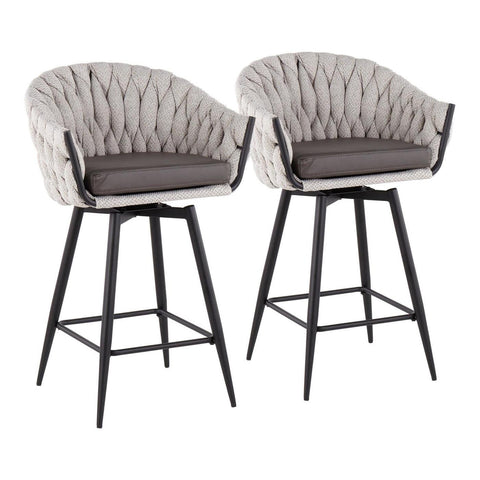 Lumisource Braided Matisse Contemporary Counter Stool in Black Steel with Cream Fabric and Grey Faux Leather - Set of 2