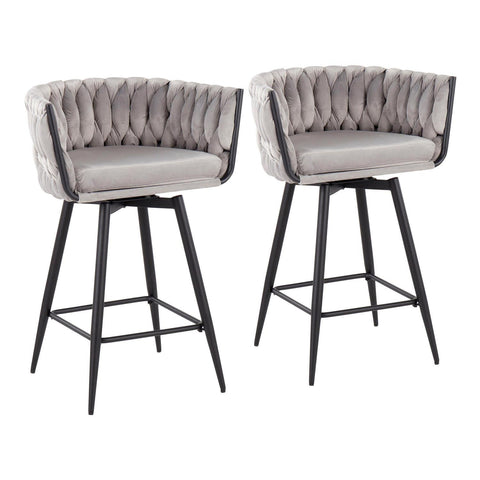 Lumisource Braided Renee Contemporary Counter Stool in Black Steel and Silver Velvet - Set of 2