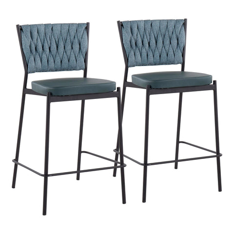 Lumisource Braided Tania Contemporary Counter Stool in Black Metal, Green Faux Leather, and Sea Green Fabric - Set of 2