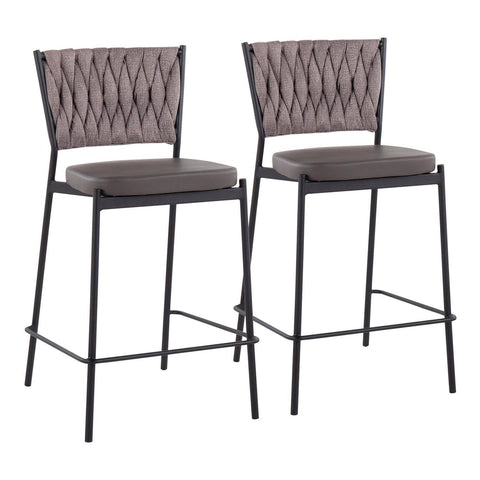 Lumisource Braided Tania Contemporary Counter Stool in Black Metal, Grey Faux Leather, and Light Brown Fabric - Set of 2