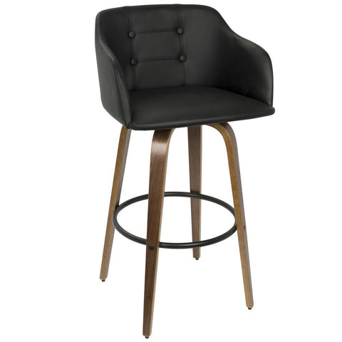 Lumisource Bruno Mid-Century Modern Barstool with Swivel in Walnut and Black Faux Leather