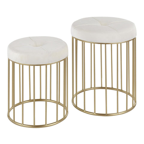 Lumisource Canary Contemporary Nesting Ottoman Set in Gold Metal and Cream Velvet