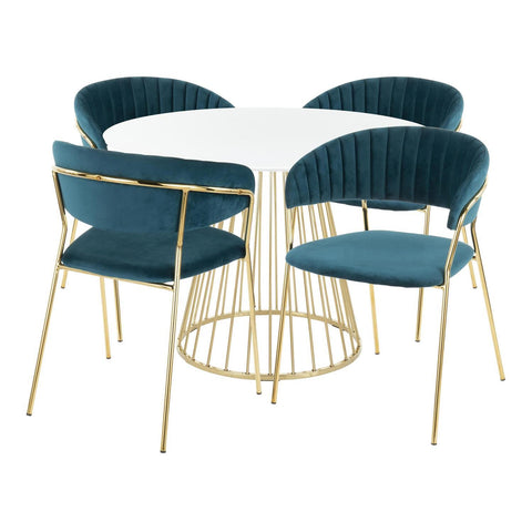 Lumisource Canary-Tania Contemporary Dining Set in Gold Metal, White Wood and Teal Velvet