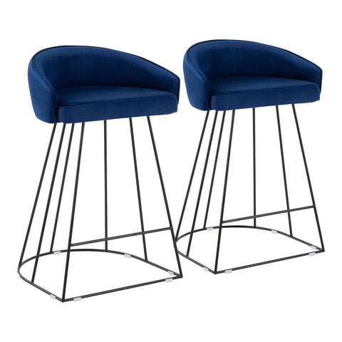 Lumisource Canary Upholstered Fixed-Height Counter Stool in Black Steel and Blue Velvet - Set of 2